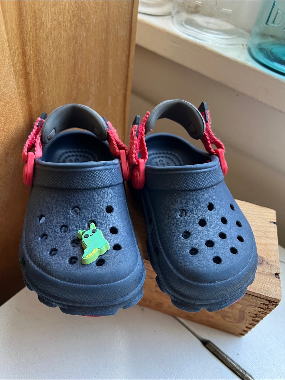 CROCS Navy Kids Clogs with Pink Strap and Green Charm
